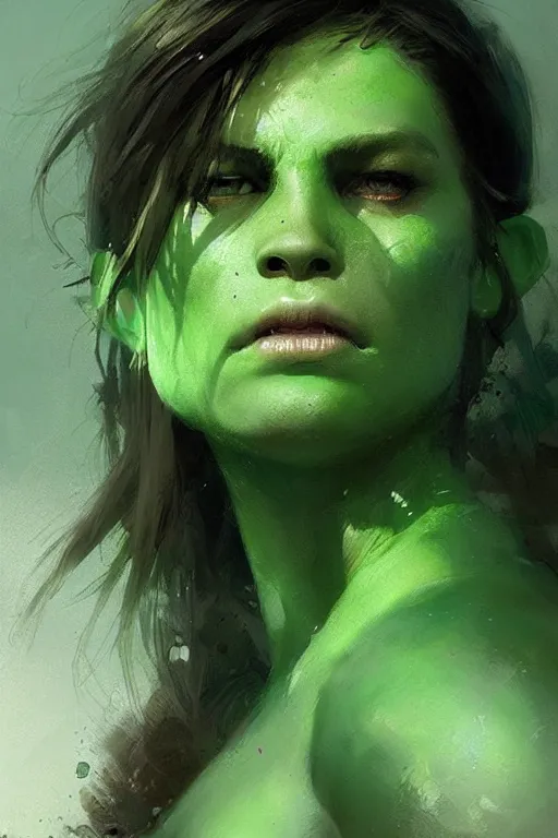 Image similar to green orc female, light green tone beautiful face, by greg rutkowski, by jeremy mann, digital painting