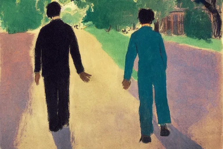 Image similar to a tall man with dark hair holding the hands of a small boy with dark hair as they walk down a suburban highway on a bright beautiful colorful day. part in the style of an edgar degas painting. part in the style of david hockney