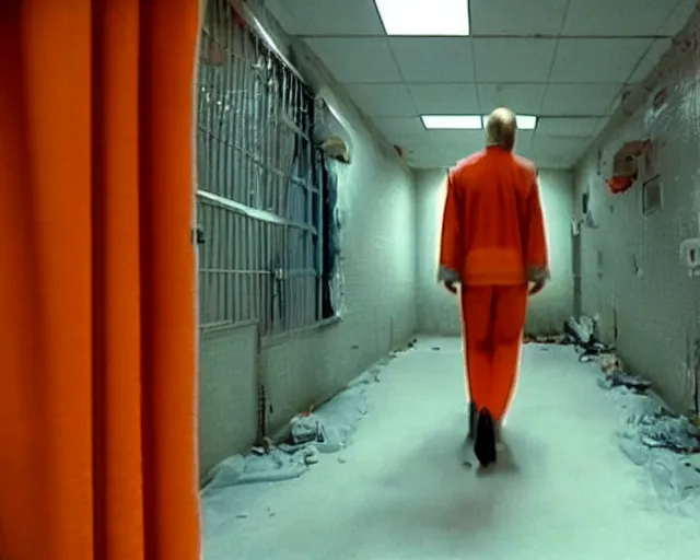 Image similar to establishing shot, film still of donald trump wearing orange prison pajamas locked up in an asylum prison padded cell, cinematic masterpiece, octane, dramatic lighting, very detailed