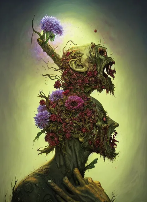 Image similar to zombie with flowers sprouting out of his body, in the style of tomasz alen kopera and fenghua zhong and peter mohrbacher, mystical colors, rim light, beautiful lighting, 8 k, stunning scene, raytracing, octane, trending on artstation