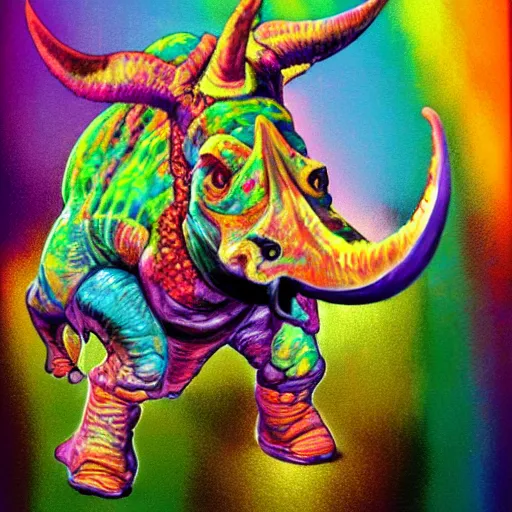 Image similar to a triceratops in a tutu, hyper realistic, vivid colors