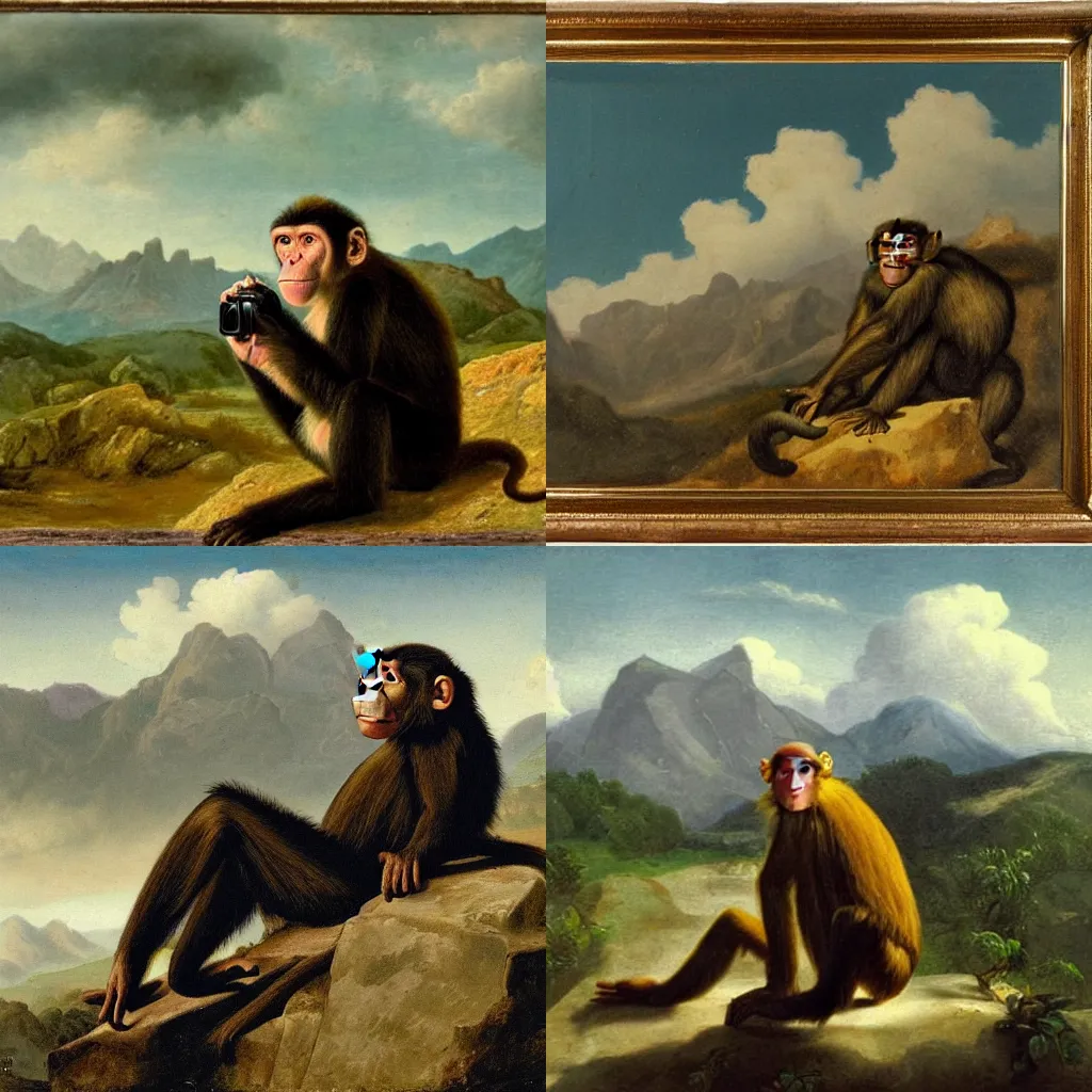 Prompt: a monkey taking a photograph, mountains in the backround with clouds, as van asch pieter - jansz