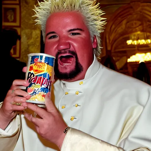 Prompt: guy fieri dressed as the pope eating spam from the can at a formal banquet at a table