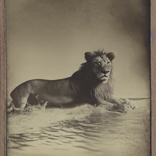 Image similar to tintype photo of a lion swimming