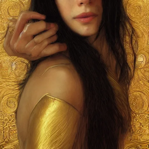 Image similar to portrait of a smiling, beautiful, pale skin eastern european female with long black hair, dark brown eyes, elegant clothing, photorealistic, highly detailed, artstation, smooth, sharp focus, gold ornaments, neon lighting, sci - fi, art by gustav klimt, artgerm, greg rutkowski and alphonse mucha