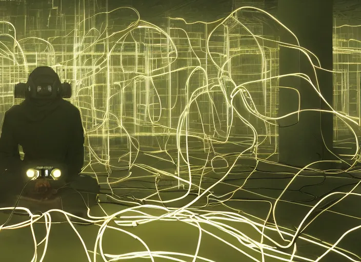 Prompt: a single monk wearing a headset kneeling with wires connecting him to a computer, glow, shadows, vr headset, headset, nirvana, machines and wires everywhere, flashing neon lights, creepy, dark shadowy surroundings, dystopian scifi, horror, stefan koidl inspired, 4 k
