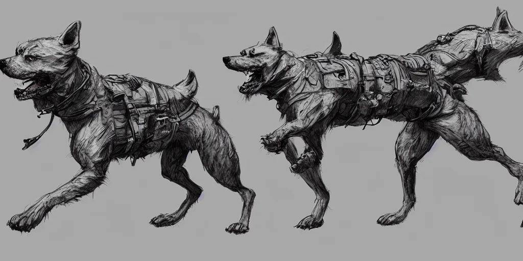 Prompt: cartoonish dog running, character sheet, fine details, concept design, contrast, kim jung gi, greg rutkowski, trending on artstation, 8 k, full body, turnaround, front view, back view, ultra wide angle