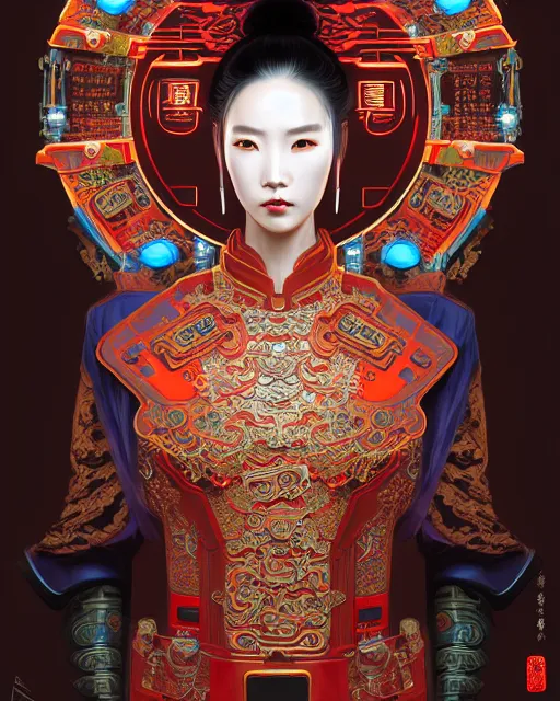 Image similar to portrait of a chinese cyberpunk machine, machine face, robed, upper half portrait, decorated with chinese opera motifs regal royal fierce machine robot cyberpunk fine china, wuxia, traditional chinese art intricate intense elegant highly detailed digital painting artstation concept art smooth sharp focus illustration, art by artgerm and greg rutkowski alphonse mucha 8 k