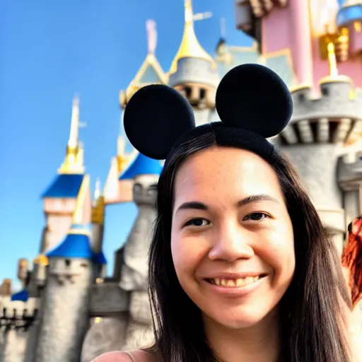 Image similar to high detail selfie by a woman wearing mickey mouse ears, disneyland castle in background, taken on iphone