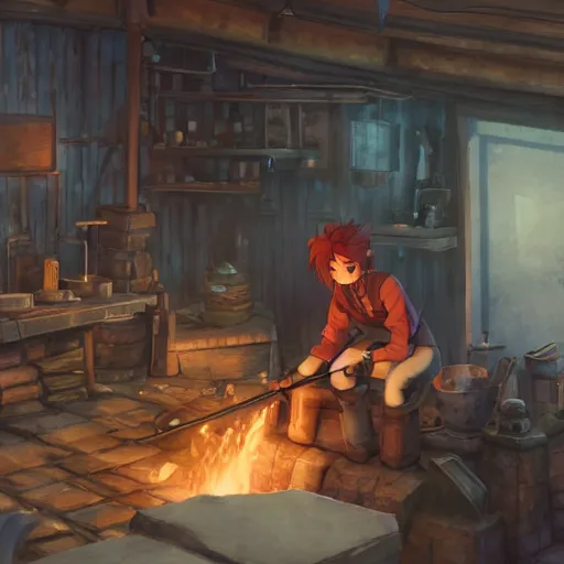 Image similar to a full body portrait of the short and fiery blacksmith Kitty with a beard at her forge, blacksmith's outfit, inside building, makoto shinkai, james gilleard, very detailed, matte, gaussian blur, tone mapped, Akihiko Yoshida.