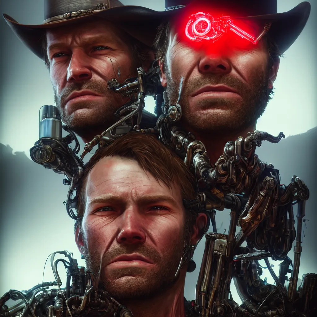 Prompt: a single close-up portrait of Arthur Morgan from Red Dead Redemption as a cyborg, barely human and largely biomechanical machine, hyper-realistic cyberpunk style, Peter Mohrbacher Takayuki Takeya moody, face by Yanjun Cheng, Irakli Nadar, dramatic cinematic lighting rendered by octane, 8k, detailed, intricate, clean and textures, trending on artstation, deviantart google images, pinterest