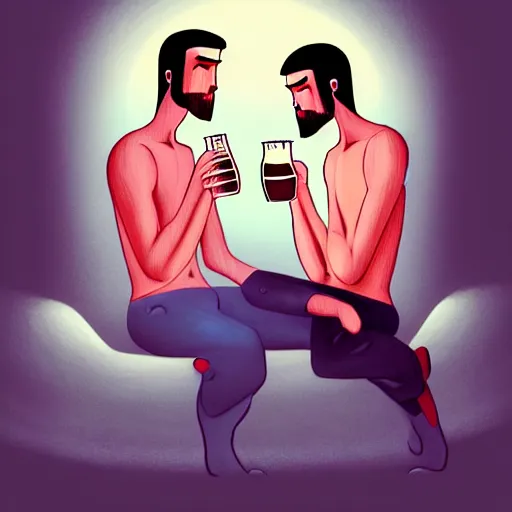 Prompt: two beautiful chad men drinking beers, many white hearts, friendship, love, sadness, dark ambiance, concept by Godfrey Blow, featured on deviantart, drawing, sots art, lyco art, artwork, photoillustration, poster art