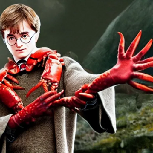 Prompt: harry potter with lobster claws for hands