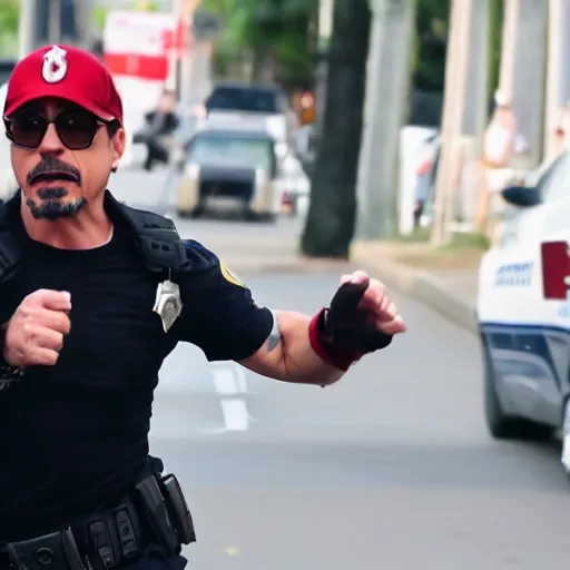 Image similar to bodycam photo of robert downey jr. running from a police officer, wide angle, fisheye, uhd, 8 k, bodycam, award winning,