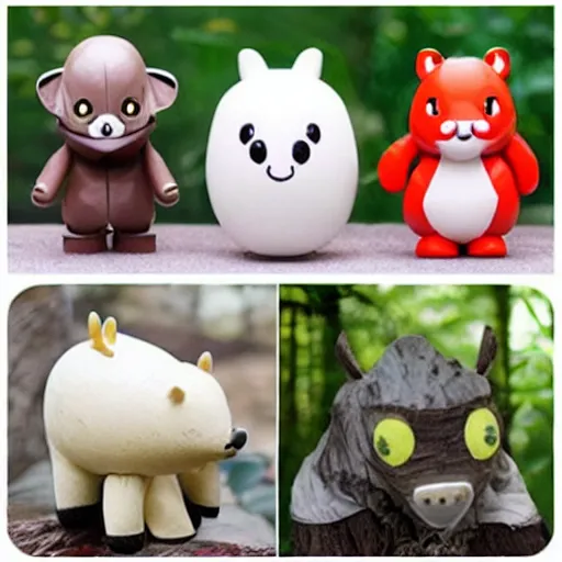 Image similar to some cute plastic toys that look like animal that are dressed as other animal characters, forest colors