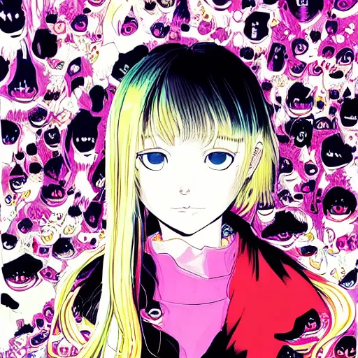 Prompt: a portrait of blonde girl by hiroyuki takahashi, detailed, 4 k, inio asano, junji ito