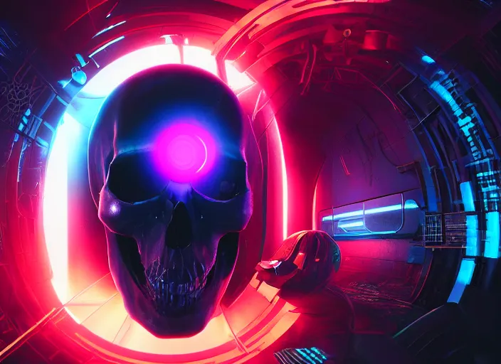 Image similar to a futuristic skull with glowing eyes and a wormhole tunnel, cyberpunk art by beeple, behance contest winner, computer art, darksynth, synthwave, rendered in cinema 4 d