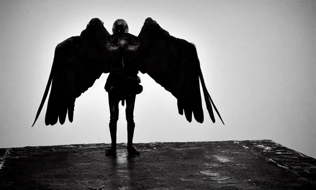 Prompt: raven standing on tombstone, midnight colors, photograph taken by giger and beksinski and death fog and decaying megacity