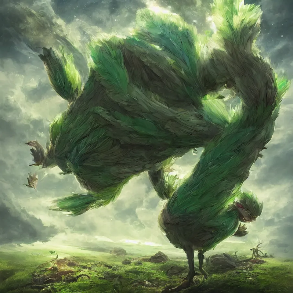 Image similar to a cute beautiful earth type pokemon, green feathers bursting out of his hair, full body shot, highly detailed digital art, 3 d perspective, award - winning illustration, aesthetic, smooth, pokemon style, made by greg rutkowski, with an alien landscape in the background