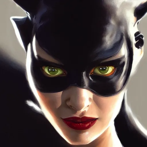 Prompt: a closeup portrait of catwoman, dramatic lighting, chiaroscuro, high detail, painted by greg rutkowski, painted by igor kieryluk, painted by bobby chiu, trending on artstation