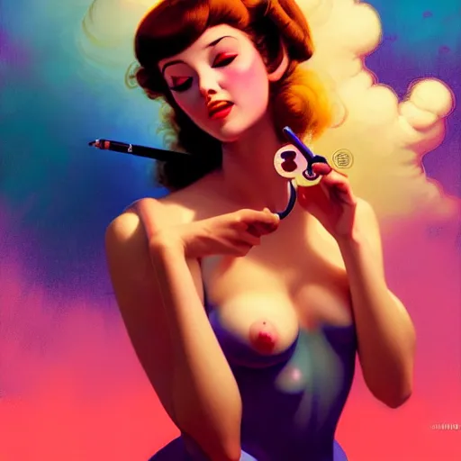 Image similar to a cute female character smoking a joint, psychedelic art,, by greg rutkowski, gil elvgren, earl moran, enoch bolles, glossy skin, pearlescent, anime, maxim magazine, morandi color scheme, art station, by ilya kuvshinov h 6 4 0