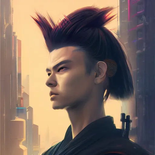 Image similar to cyberpunk samurai portrait painting, medium shot, asymmetrical, profile picture, organic painting, sunny day, matte painting, bold shapes, hard edges, street art, trending on artstation, by huang guangjian and gil elvgren and sachin teng