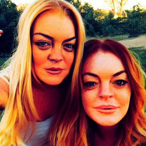 Prompt: Selfie photograph of Lindsay Lohan and Lindsay Lohan, golden hour, 8k,