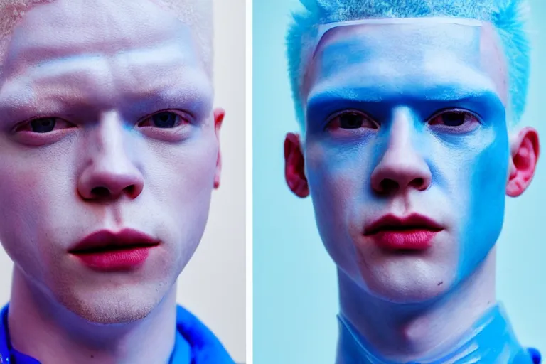 Image similar to a close - up risograph of cyberpunk albinism model men wearing lots of transparent and cellophane accessories, light blue colors, huge earrings and queer make up, blue hour, twilight, cool, portrait, crispy, full - shot, blue sky, kodachrome, photo by mayumi hosokura, style by moebius