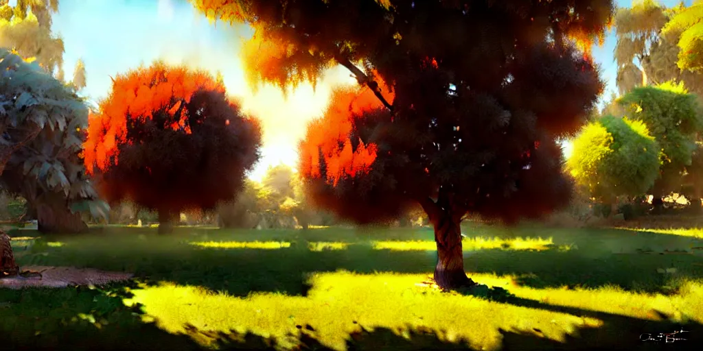 Image similar to digital art painting of a single tree in the middle of a front yard painted by craig mullins and gaston bussiere and greg rutkowski