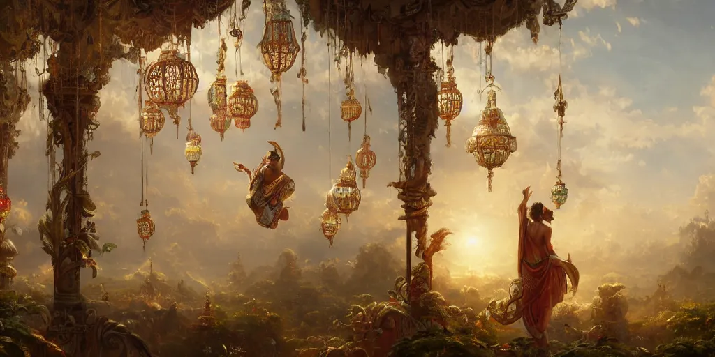 Image similar to painting of a god of wind enjoying his ornate heavenly palace, decorated with windchimes and paper lanterns, stunning nature in background, cinematic, 8 k, hyper detailed, art by greg rutkowski