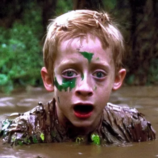 Image similar to cinematic still of macaulay culkin age 8, covered in mud and watching a predator in a swamp in 1 9 8 7 movie predator, hd, 4 k