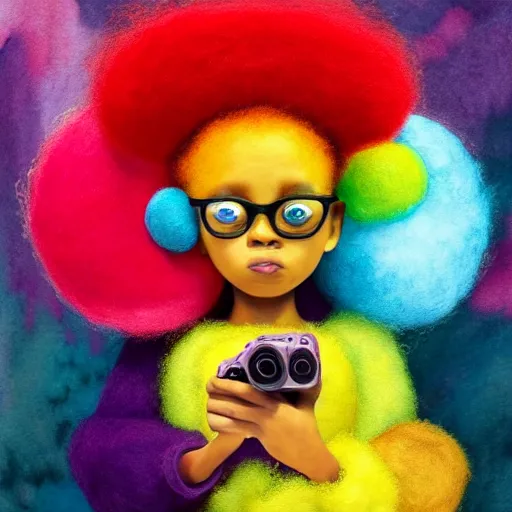 Image similar to a black girl with a colorful afro and big colorful eyes play videogames in a vast and endless arcade, bright colours, bokeh!!, watercolor, volumetric wool felting, macro photography, children illustration, by goro fujita