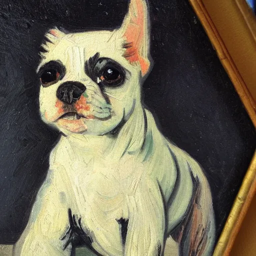 Prompt: oil painting of a black and white cute dog, oil in canvas, painted by van gogh