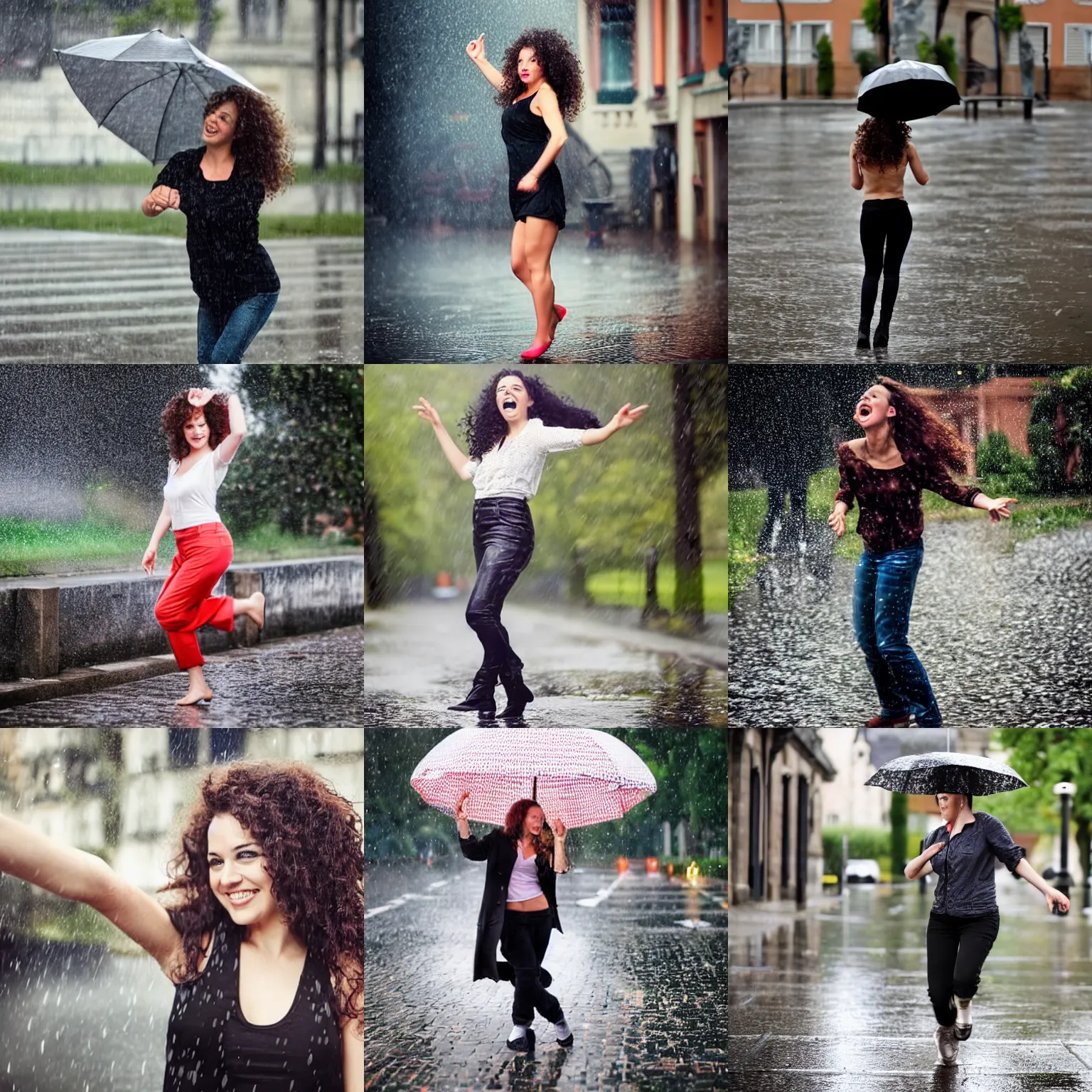 Prompt: European woman photograph, (dark shorter curly hair), (38 years old), (good looking ), intelligent, dancing in the rain,