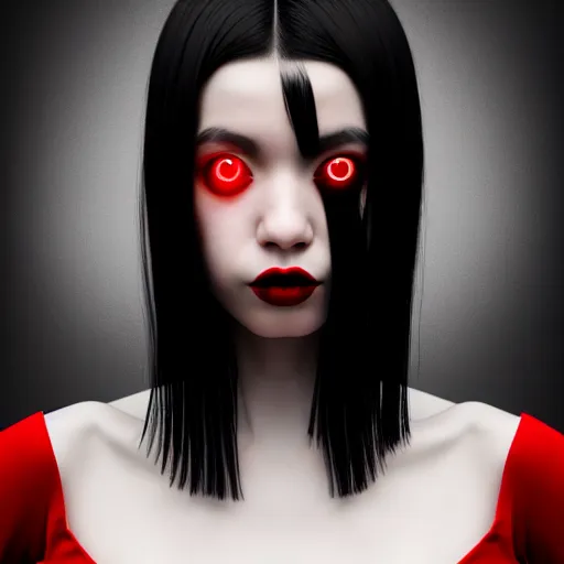 Prompt: a girl with black hair, skin that is pure white, and red eyes, wearing a black dress, full body picture, octane render, professional art, trending on art station