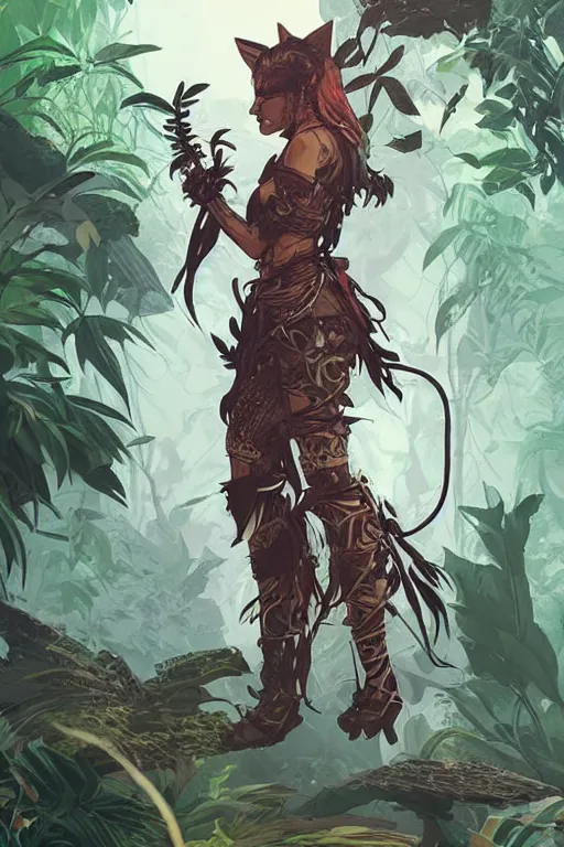 Image similar to warrior neko woman in a jungle with cat ears wearing armor, fantasy art, highly detailed character, vector art, by conrad roset, by greg rutkowski, illustration, volumetrics, nature, by magali villeneuve