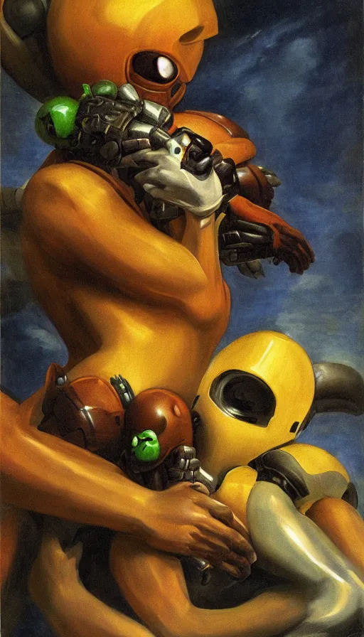 Image similar to portrait of samus devouring her metroid son by francisco goya, 4 k, high quality