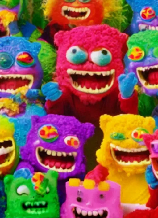 Prompt: a 9 0 s television commercial depicting evil sour patch kids candy scaring a group of crying children