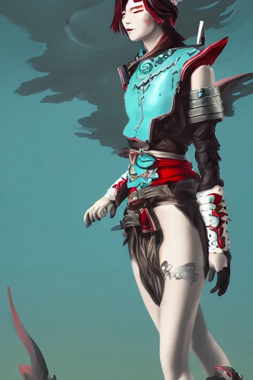 Image similar to female adventurer in tight full - body teal leather armor of japanese design with red accents and a white porcelain crow mask, trending in artstation, japanese, artstation, big moon in the background, establishing shot