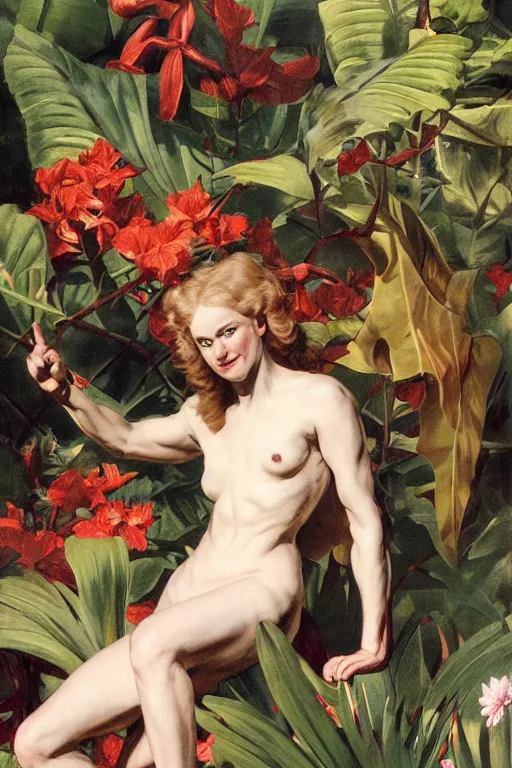 Image similar to Satan, in a garden, tropical pool, golden hour, artstation, by J. C. Leyendecker and Peter Paul Rubens, - 12p