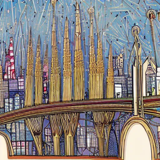 Image similar to a beautiful kinetic sculpture of a cityscape with tall spires and delicate bridges. by grayson perry distorted, emotive