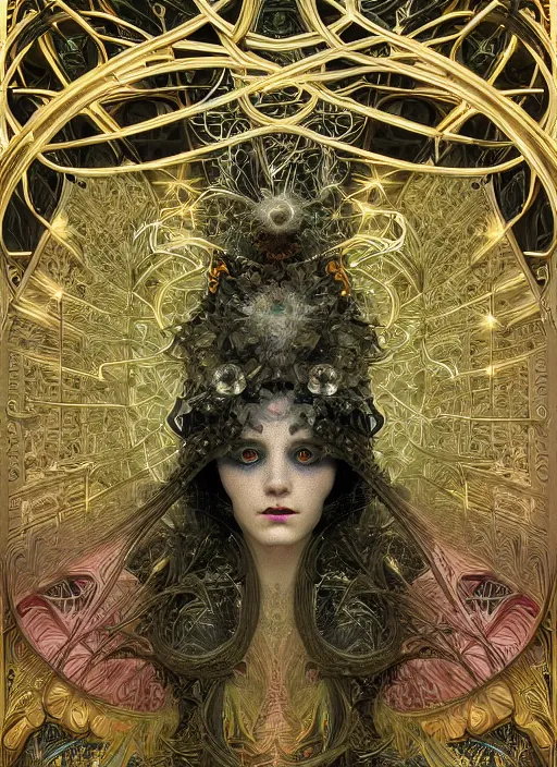 Prompt: highly detailed surreal vfx avante garde portrait of a 3 d light temple, polyphonic bio - communications, arcane ritual, entangled vibrating, electricity, ultra detailed, ornate, hyperrealistic, octane render, chiaroscuro, inspired by james jean & android jones & william morris & johannen voss & alphonse mucha, frostbite 3 engine
