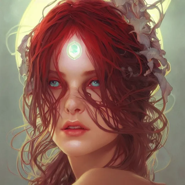 Prompt: close up portrait of beautiful magical witch, symmetry! shiny skin, red eyes, flowing glowing hair, subsurface scattering, artistic, art by artgerm, greg rutkowski and alphonse mucha, artstation, octane render,
