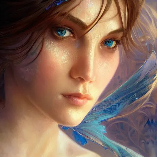 Image similar to portrait of astonishingly beautiful girl, blue eyes, face, fantasy, intricate, elegant, highly detailed, digital painting, artstation, concept art, smooth, sharp focus, illustration, art by artgerm and greg rutkowski and alphonse mucha