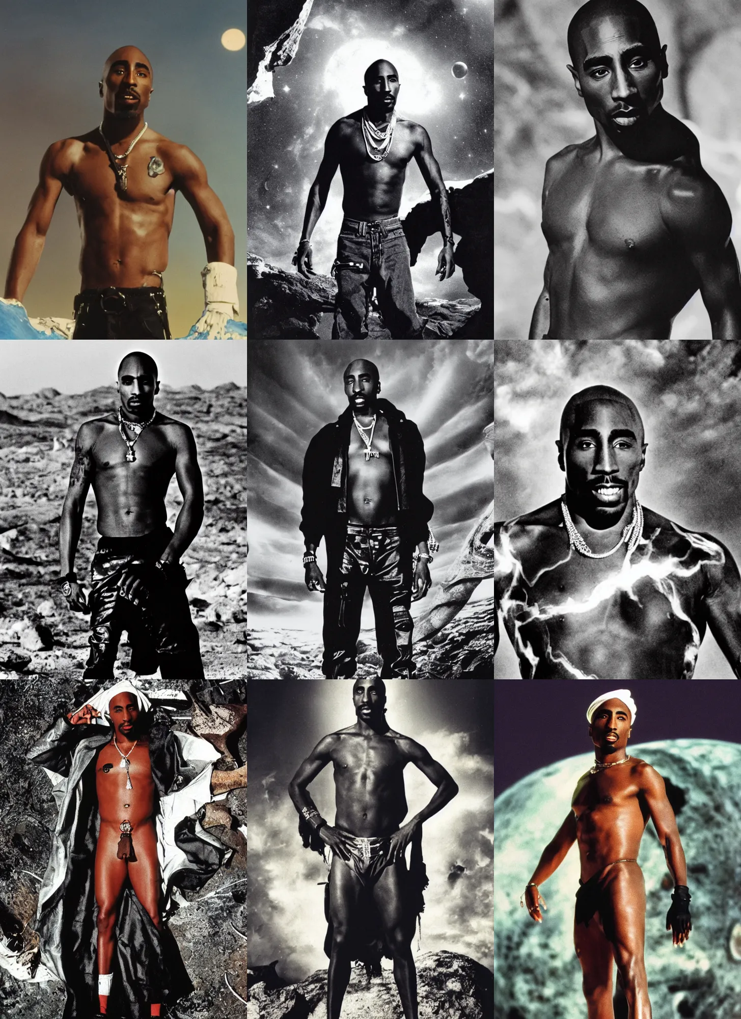 Prompt: an 8 k futuristic official photograph of tupac shakur posing shirtless on an alien planet wearing a huge torn up black coat