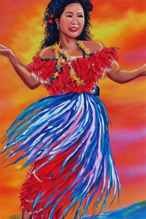 Image similar to authentic acrylic painting of hawaiian hula dancer, high detail, beautiful background, hawaiian postcard style