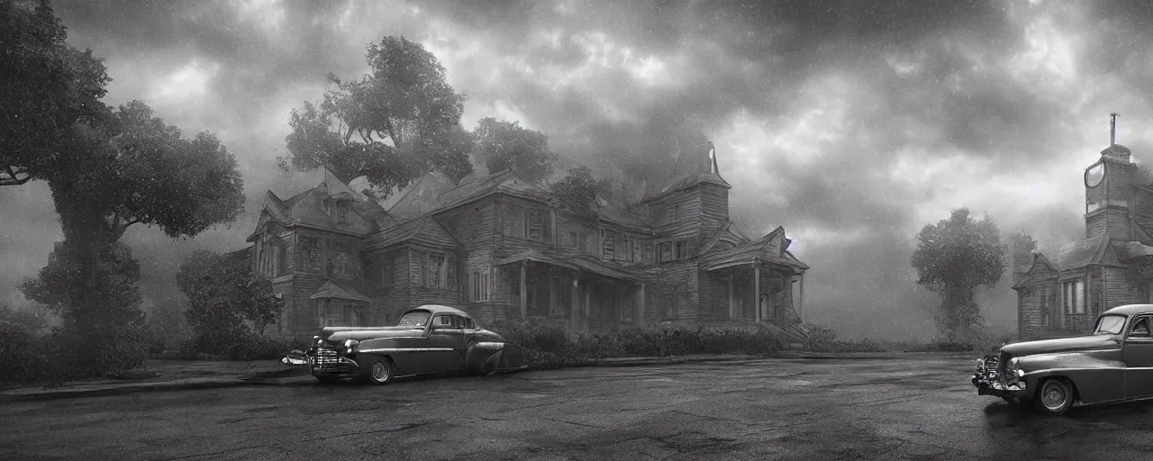 Prompt: Lovecraft Country, ultra detailed haunted house, ultra detailed storm clouds, dense rain, establishing atmospheric shot, octane renderer, unreal engine, F11 aperture, night, volumetric fog, detailed lighting and thunder, stormy weather, ultra detailed rain drops, reflections, film grain, single ultra detailed grey 1948 Packard Station Sedan parked in the street,