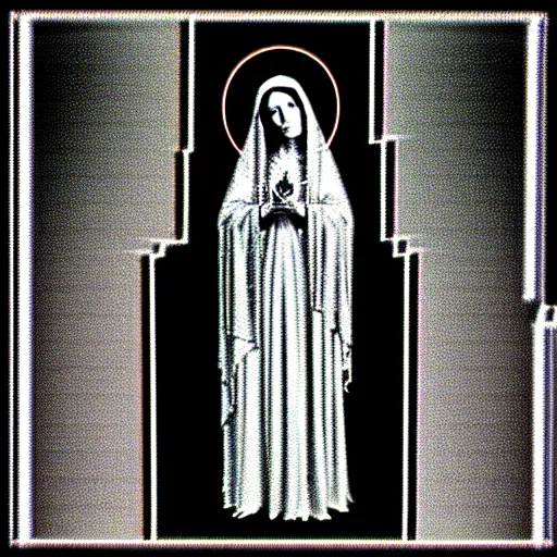 Image similar to vhs static overlay of marian apparition, vhs, 1 9 9 0, highly realistic, highly detailed, vhs noise static, black and white, vhs glitch