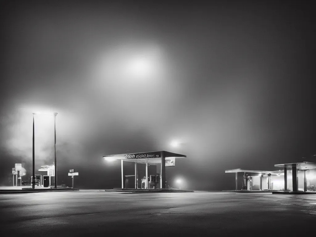 Image similar to “digital photography of gas station , fog, night, mood, atmospheric, full of colour, digital photography, finished in Lightroom”