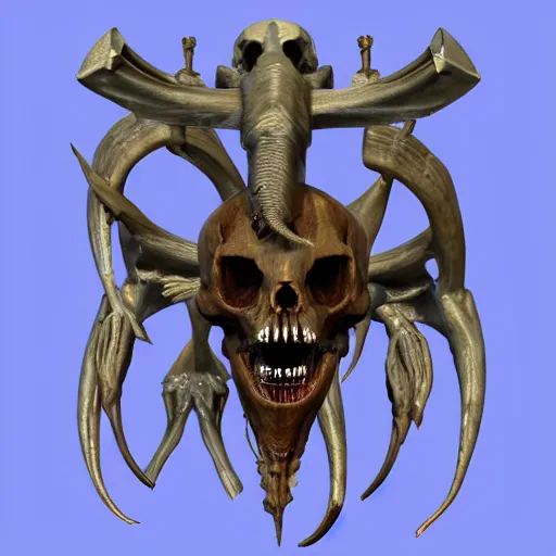 Prompt: 3d render of an old coat of arms with bones, skulls, xenomorphic skulls nerves and veins